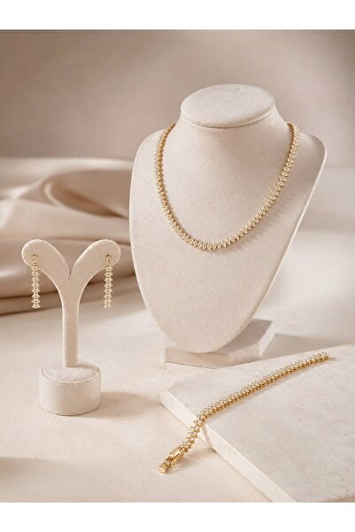 Simovia Marquise Kesim Zirkon Taşlı Kolye Bileklik Küpe 3'lü Su Yolu Gold Set