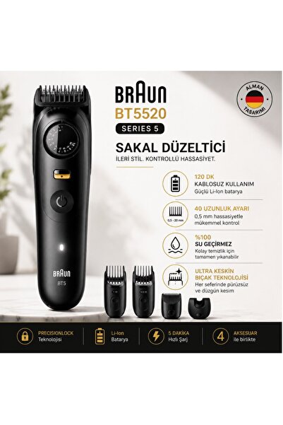Braun Sakal Düzeltici Series 5, +4 Aksesuar, 40 Uzunluk, Keskin Bıçak, BT5520