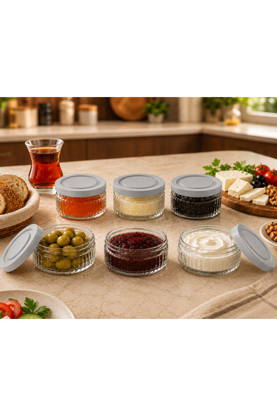 EVORRA LİVİNG 6-Piece Glass Breakfast Set 140 Cc |   Light Gray Lidded Airtig...