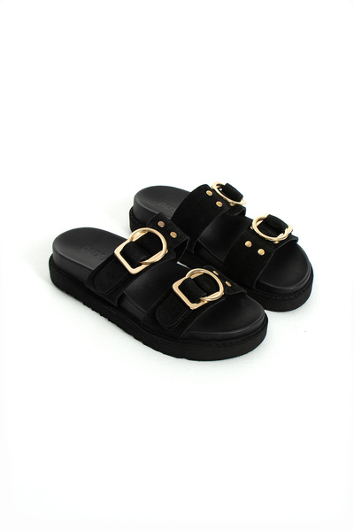 DUXAL SHOES شبشب نسائي من الجلد الطبيعي بتصميم فاخر من لوجان مع إكسسوارات معدنية