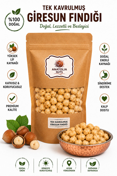 Tek Kavrulmuş Giresun Fındığı Premium İç Fındık Kraft Doypack 500 gr