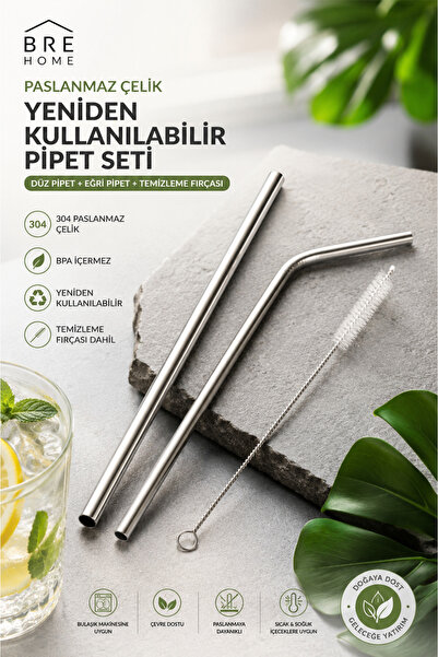BRE HOME Paslanmaz Çelik Yeniden Kullanılabilir Pipet Seti 3 Parça – 304 Çeli...