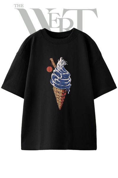 THEWERT تي شيرت أسود كبير الحجم مطبوع بتصميم Ukiyo e Icecream للجنسين