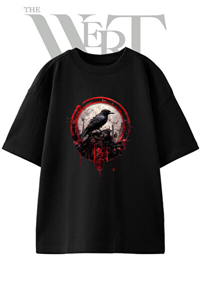 THEWERT Tricou oversize negru unisex cu imprimeu Kuzgun Gothic Design