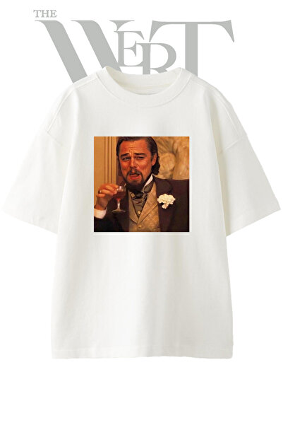 THEWERT تي شيرت أبيض كبير الحجم مطبوع بتصميم DiCaprio Meme للجنسين
