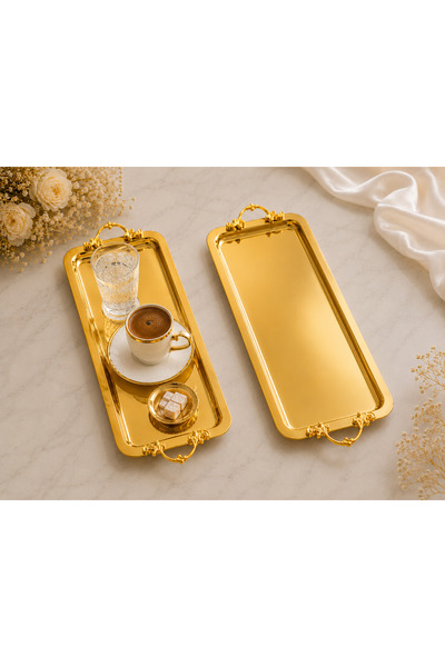 SUNVERA ÇELİK 2'li 13x35 cm Gold Paslanmaz Çelik Servis ve Sunum Tepsisi Ayna...