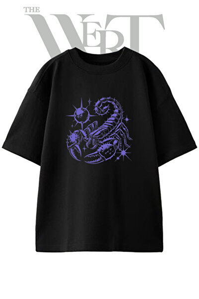 THEWERT Scorpion Spiky Design Printed Unisex Black Oversize T-Shirt