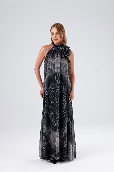 Sense Backless Zippered Elastic Chiffon Dress with Floral Accessories |   Elb...