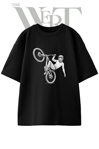 THEWERT Bmx Stunt Design Printed Unisex Black Oversize T-Shirt