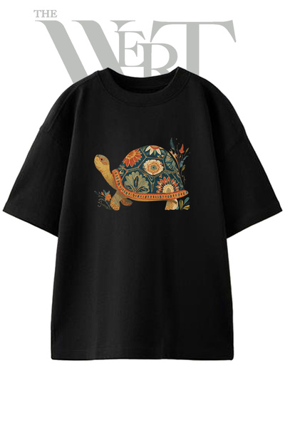 THEWERT Μπλουζάκι Unisex Μαύρο Oversize με στάμπα με σχέδιο Floral Turtle