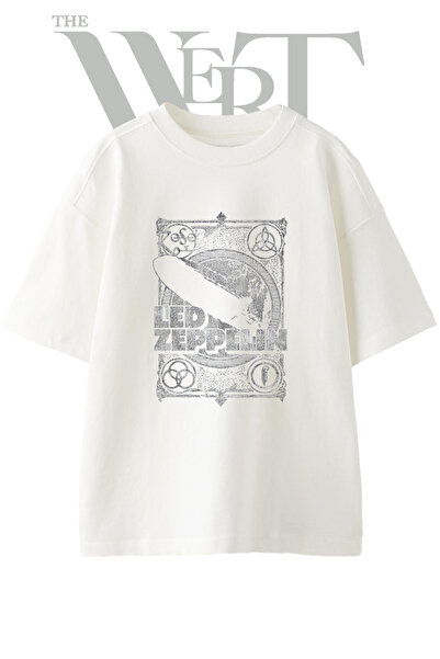 THEWERT Led Zeppelin Design Printed Unisex White Oversize T-Shirt