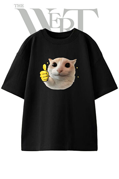 THEWERT Cat Thumbs up Design Printed Unisex Black Oversize T-Shirt