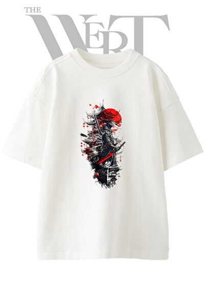 THEWERT Μπλουζάκι με ιαπωνικό σχέδιο Samurai, τυπωμένο, unisex, λευκό, oversized