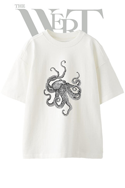THEWERT Tricou oversize alb unisex cu imprimeu cu desen de caracatiță