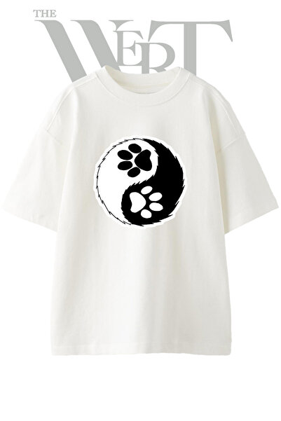 THEWERT Μπλουζάκι με σχέδιο Yin Yang Paw, τυπωμένο Unisex λευκό oversize