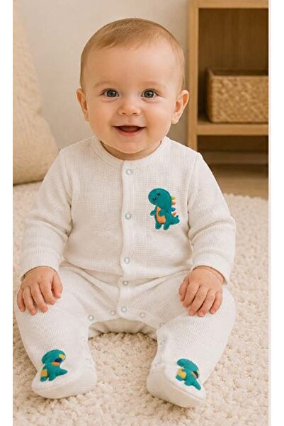 HAFY BABY Organik Pamuk Dinazor Nakışlı Patikli Erkek Bebek Tulumu
