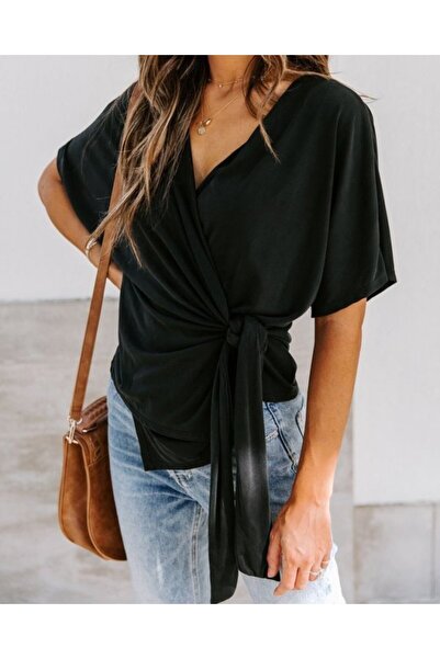 Modayakamoz Women's double-breasted viscose blouse with side tie closure
