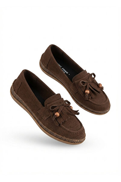 Zerenyus Boriy Premium Brown Leather Powder Suede Tasseled Ballerinas