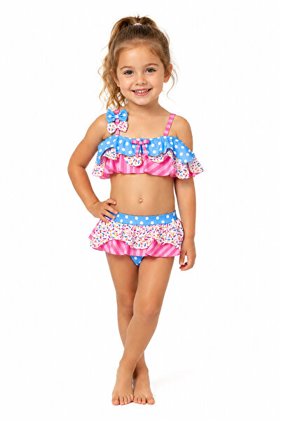 caddekids Kız Çocuk Mavi Puantiyeli Şeker Desenli Fırfırlı Bikini Takımı Vola...