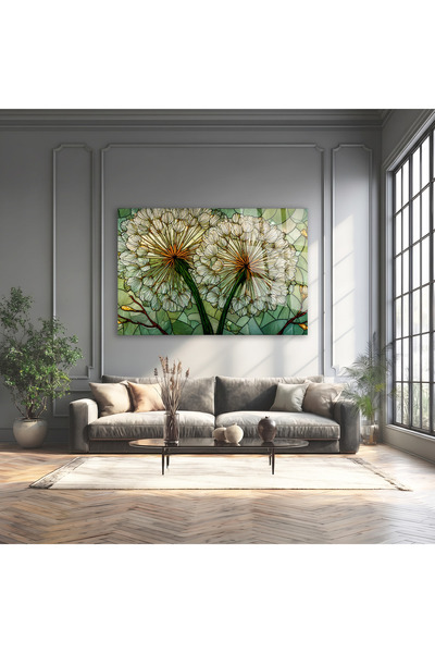 TAULART VITRĂJ ALB-VERDE, TABLOU DE STICLĂ CU FLORI DE PĂPUȘĂ, DECOR DE PERET...