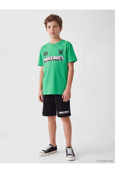 LC Waikiki LCW Kids Zeleni Minecraft Šorti za Dečake sa Printom Pidžama Set