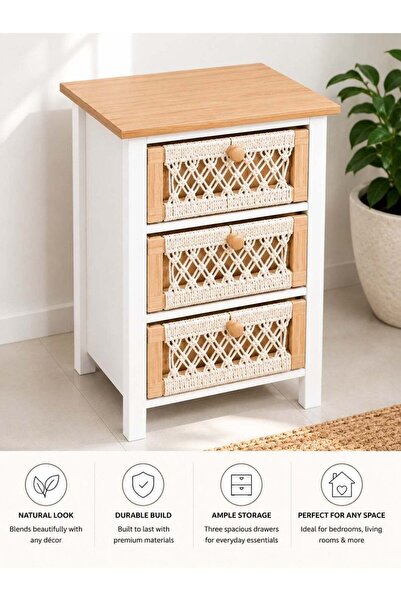 Generic Afras 3 Drawer Wooden Storage Cabinet with Handwoven Design | Modern ...