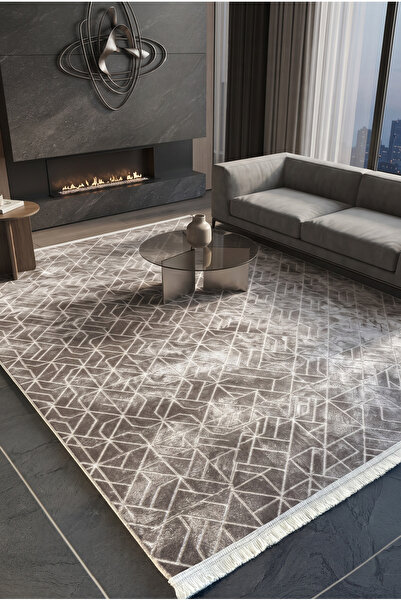 Pastel Modern Dokulu Geometrik Desenli Vizon Renkli Halı Oturma Odası Salon Y...
