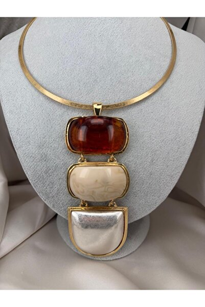 ZS Aksesuar Kadın Gold Renk Geometrik Reçine Taş Detaylı Tasarım Choker Kolye...