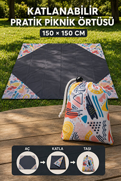 nnevora Katlanabilir Taşıma Torbalı Piknik Örtüsü 150x150 cm - Büzgülü Çantal...