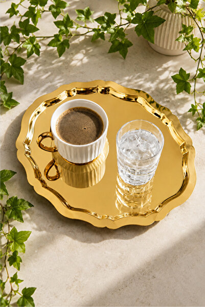 JASPER Viona 1 Piece Gold Detailed Oval Coffee Presentation Tray Serving Tea ...
