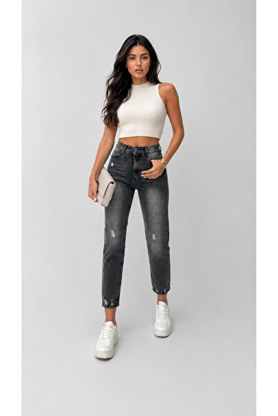 SHEVEGA Smoked High Waist Ripped Detailed Boyfriend Mom Jean Jeans