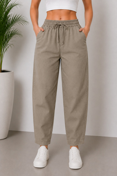 Lighter Jeans Kadın Taş Vizon Rengi Keten Mom Jeans Boyfriend Pantolon Lastik...