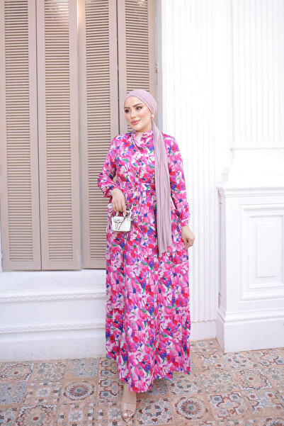 İmajButik Fuchsia Half Buttoned Sleeves Layered Skirt Dress with Elastic Waist