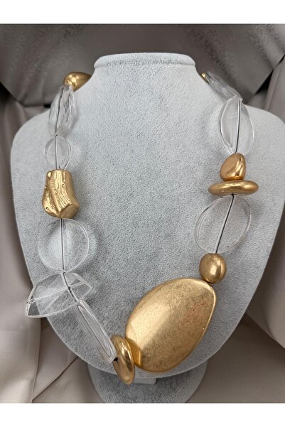 ZS Aksesuar Women's Gold Color Geometric Resin Stone Detailed Statement Neckl...