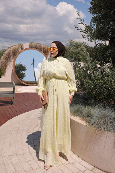 İmajButik Yellow Waist-Tie Patterned Dress