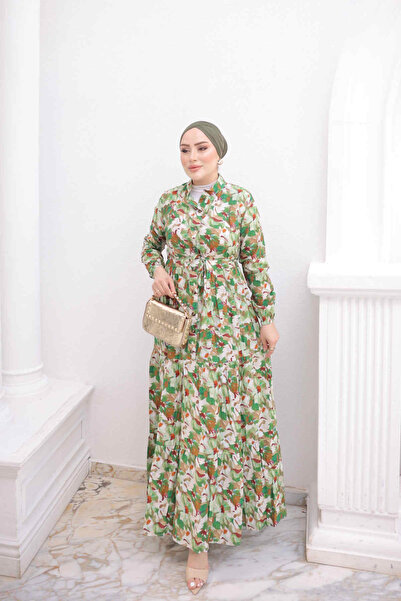 İmajButik Green Half Buttoned Sleeves Elastic Skirt Layered Dress