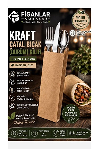 figanlar ambalaj Kraft Çatal Bıçak Dürüm Kılıfı 8x28+4,5 cm Baskısız Şamua Ka...