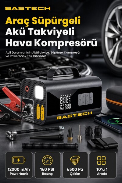 Şarjlı Akü Takviyeli 160 PSI Hava Kompresörü Araç Süpürgesi ve Powerbank LCD Ekranlı