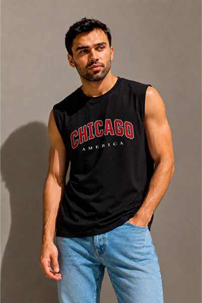 ENB1R MODA Ανδρικό αμάνικο μπλουζάκι Chicago με στάμπα, με λαιμόκοψη ποδηλάτο...
