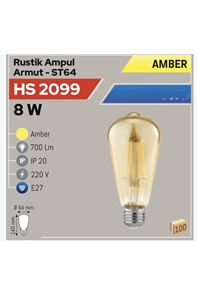 Helios 8W Rustik Ampul Armut, Amber (HS 2099)