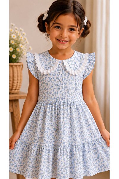 Kuzucuk Kids Bebek Çocuk Butik Kız Çocuk Mavi Çiçek Desenli Fırfır Yakalı Yaz...