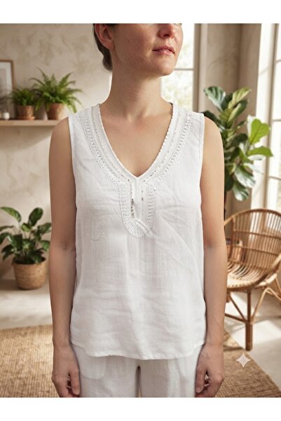 AYASOFYA OTANTIK Women's Italian Collar Sequined Zero Sleeve Linen Blouse
