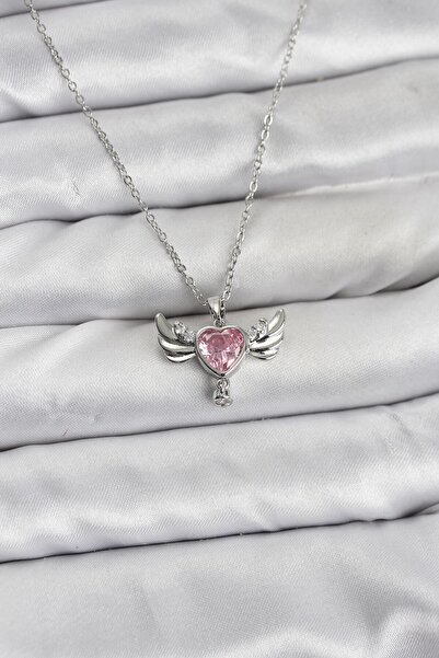 Generic Brand 316L Steel Chain Silver Color Winged Heart Model Zircon Stone W...