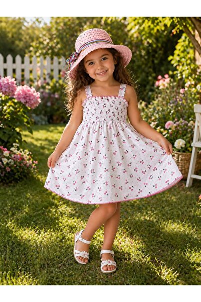 Kuzucuk Kids Bebek Çocuk Butik Kız ÇocukPembe Kiraz Desenli Şapkalı Askılı Gi...