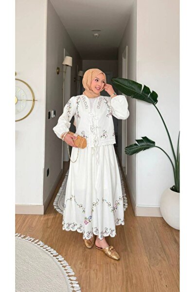 Nes Moda Kadın Nakışlı Keten Takım Gömlek Etek Tesettür Elbise