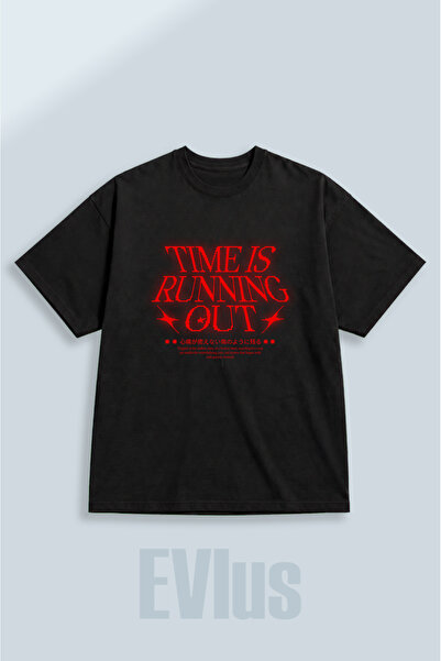 EVIus Oversize Time is running out Tricou negru cu imprimeu, 100% bumbac, cu ...