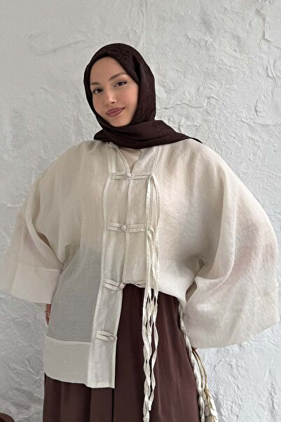 Modaensarbutik Süslü Düğme Detaylı Oversize Gömlek-TAŞ