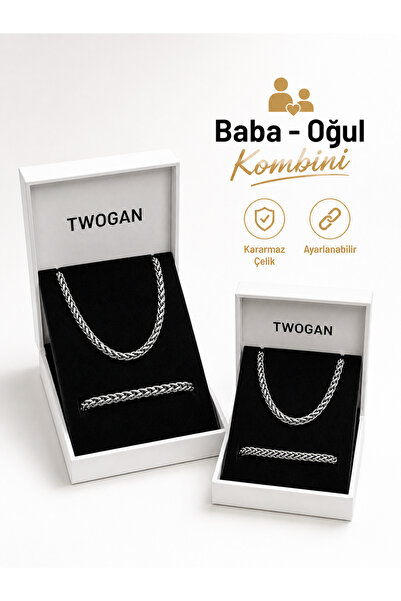 TWOGAN Baba- Oğul Takı Kombini 4lü Set Erkek, Çocuk Çelik Bileklik ve Kolye, ...