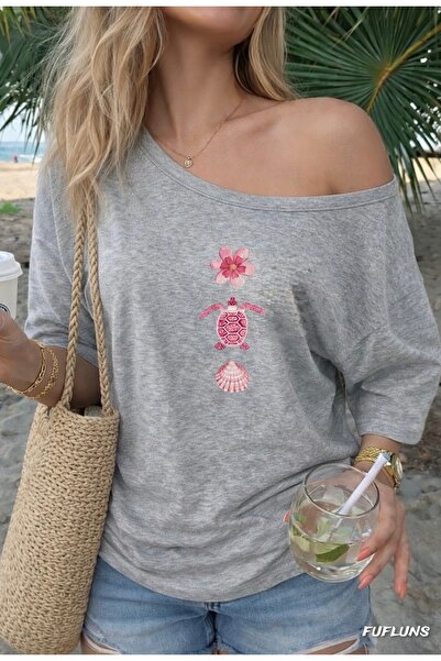 FUFLUNS Sea Shell Flower Printed Oversized Women's Boat Neck T-Shirt