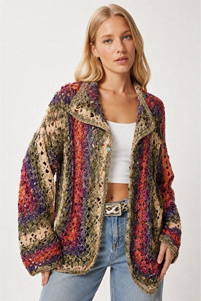 kios ticaret Kios Kadın Oversize Bohem Çizgili Krişe Örgü Ceket Yazlık Kimono...